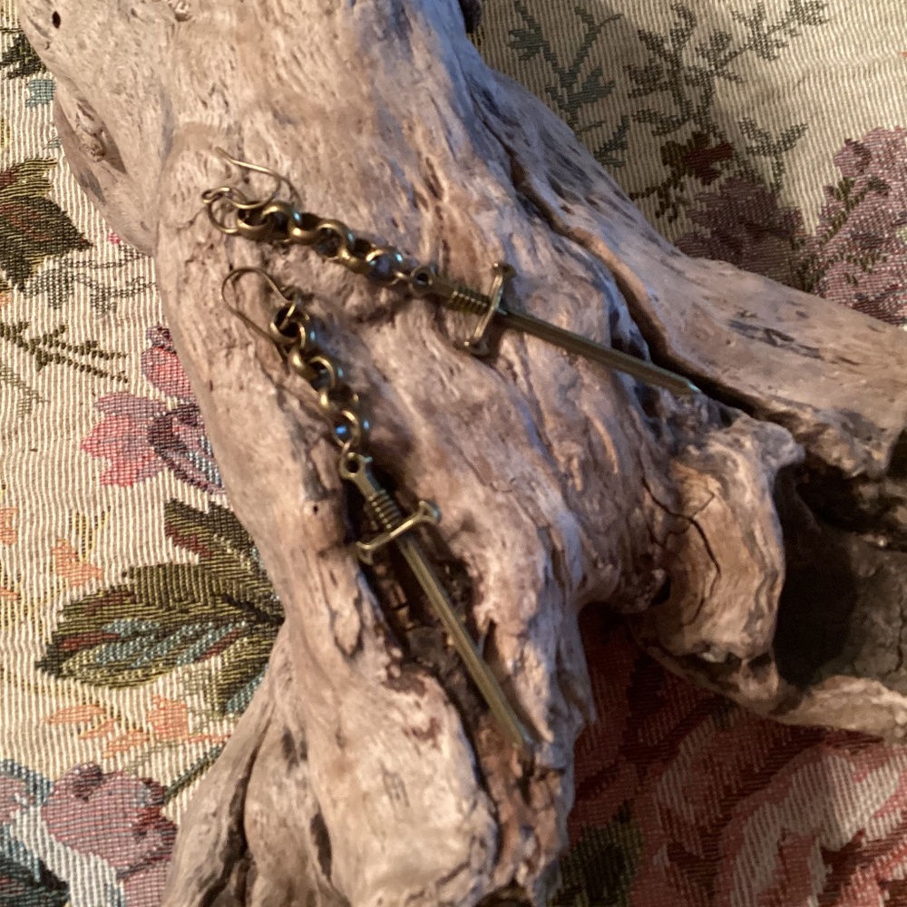 Antique Brass Chunky Chain Long Dagger Earrings